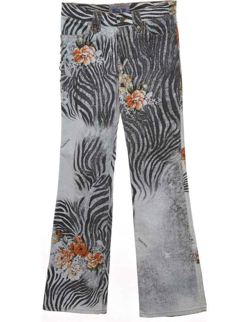 Floral & Zebra Print Y2K Multi-Colour Flared Jeans - W28 L32