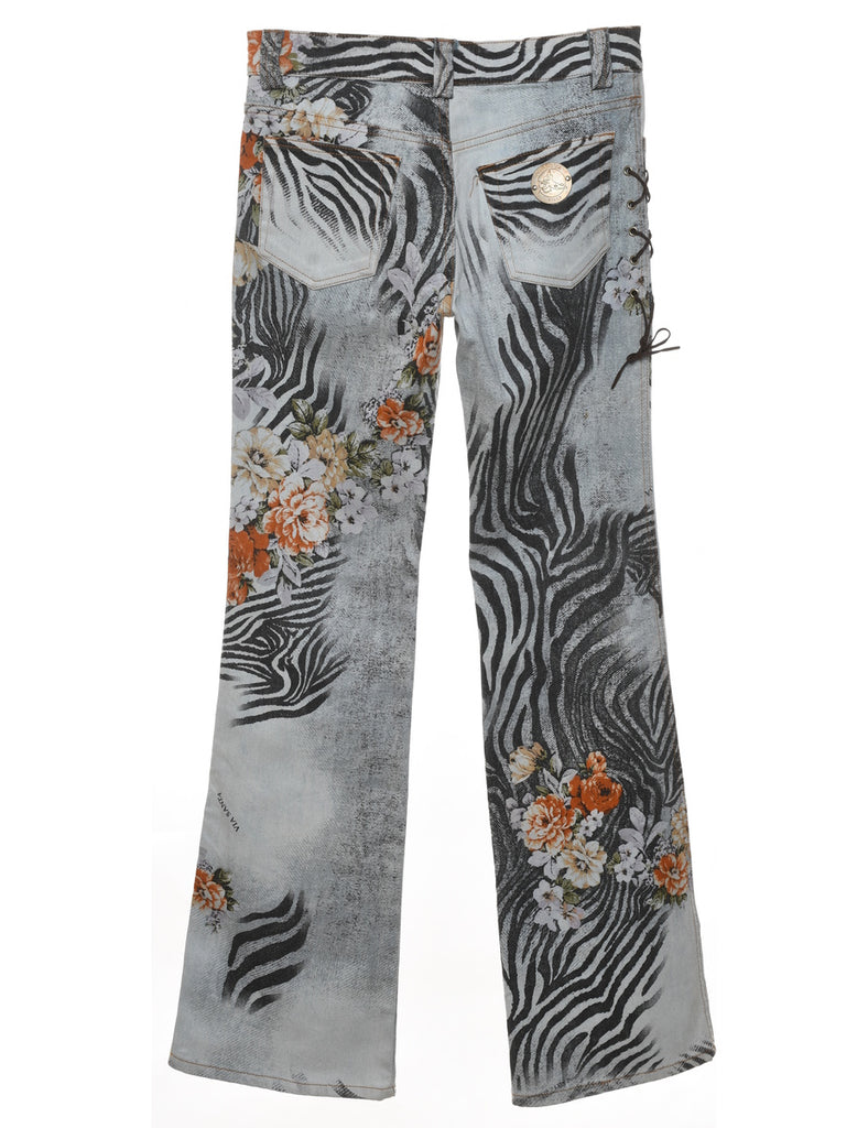 Floral & Zebra Print Y2K Multi-Colour Flared Jeans - W28 L32