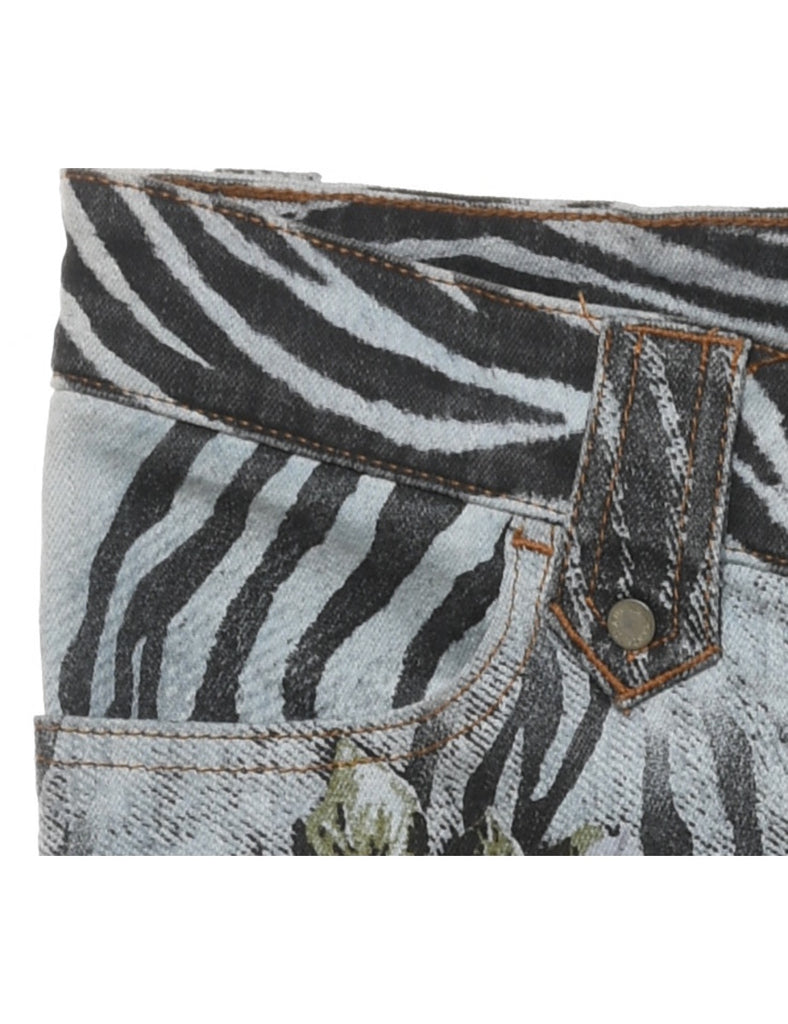 Floral & Zebra Print Y2K Multi-Colour Flared Jeans - W28 L32