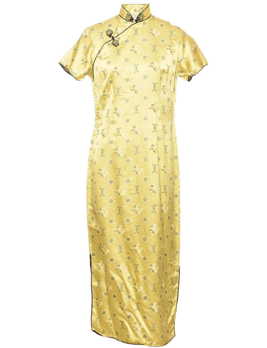 Women's Gold Patterned Metallic Cheongsam Collar Dress Yellow, M