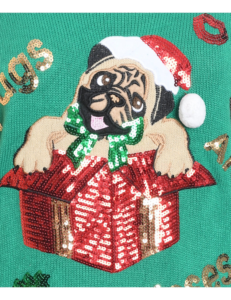 Green & Red Pug Design Christmas Jumper - L