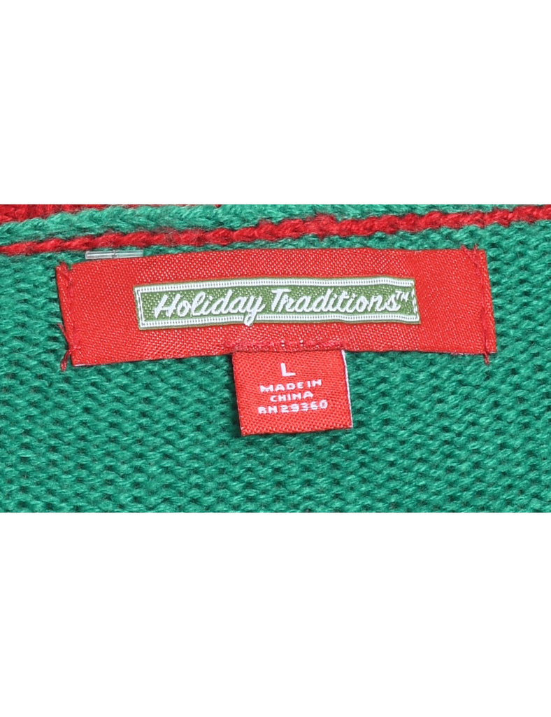 Green & Red Pug Design Christmas Jumper - L
