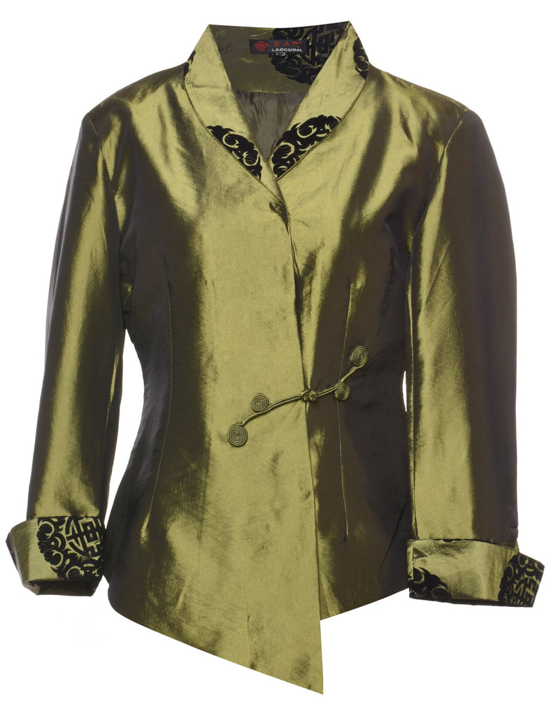 Green Shiny Asymmetric Hem Traditional Jacket - M