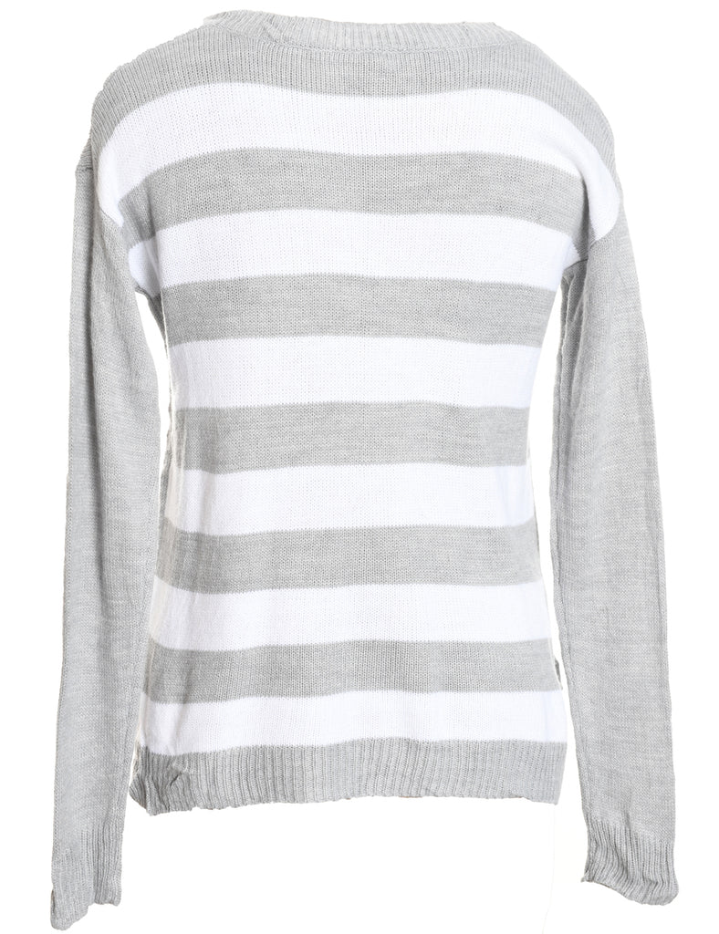 Grey, Red & White Penguin Design Knit Christmas Jumper - M