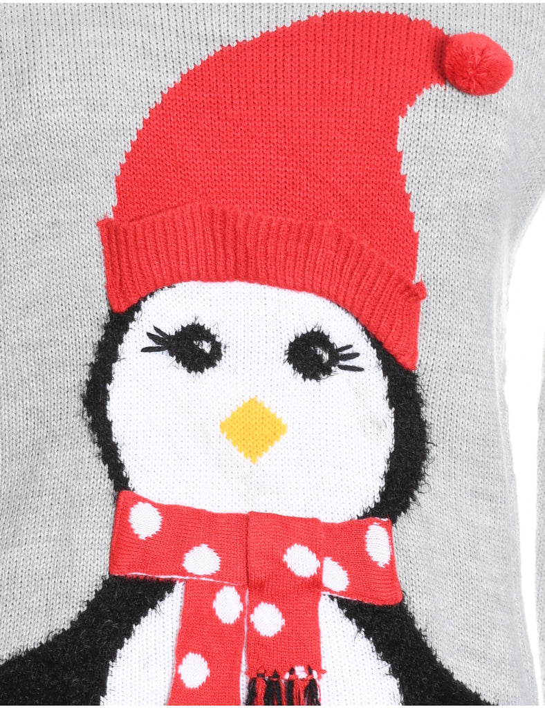 Grey, Red & White Penguin Design Knit Christmas Jumper - M