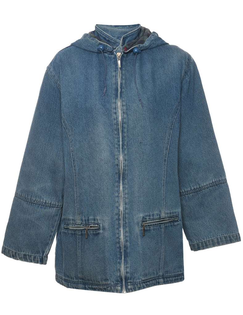 Hooded Denim Zip-Front Denim Jacket - M