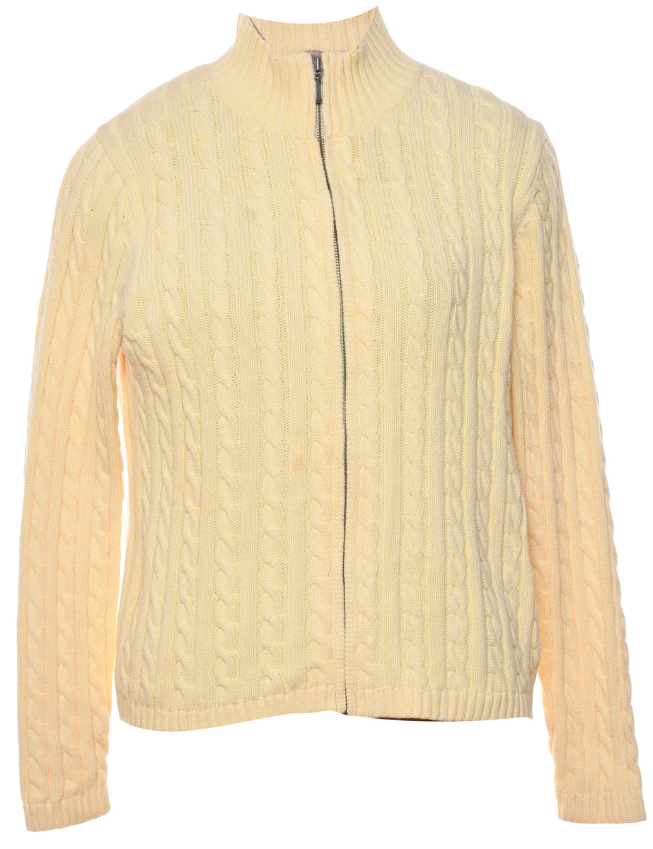 L.L. Bean Pale Yellow Zip Front Cable Knit Cardigan M