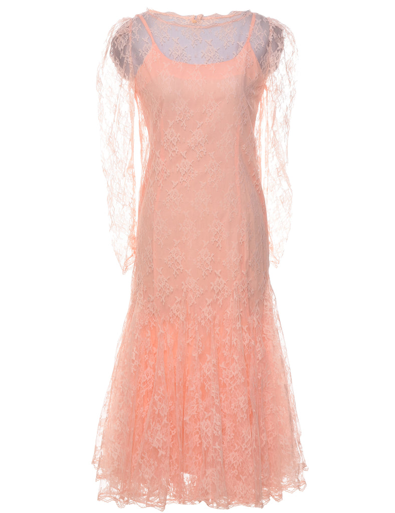 Lace Peach Evening Dress - M