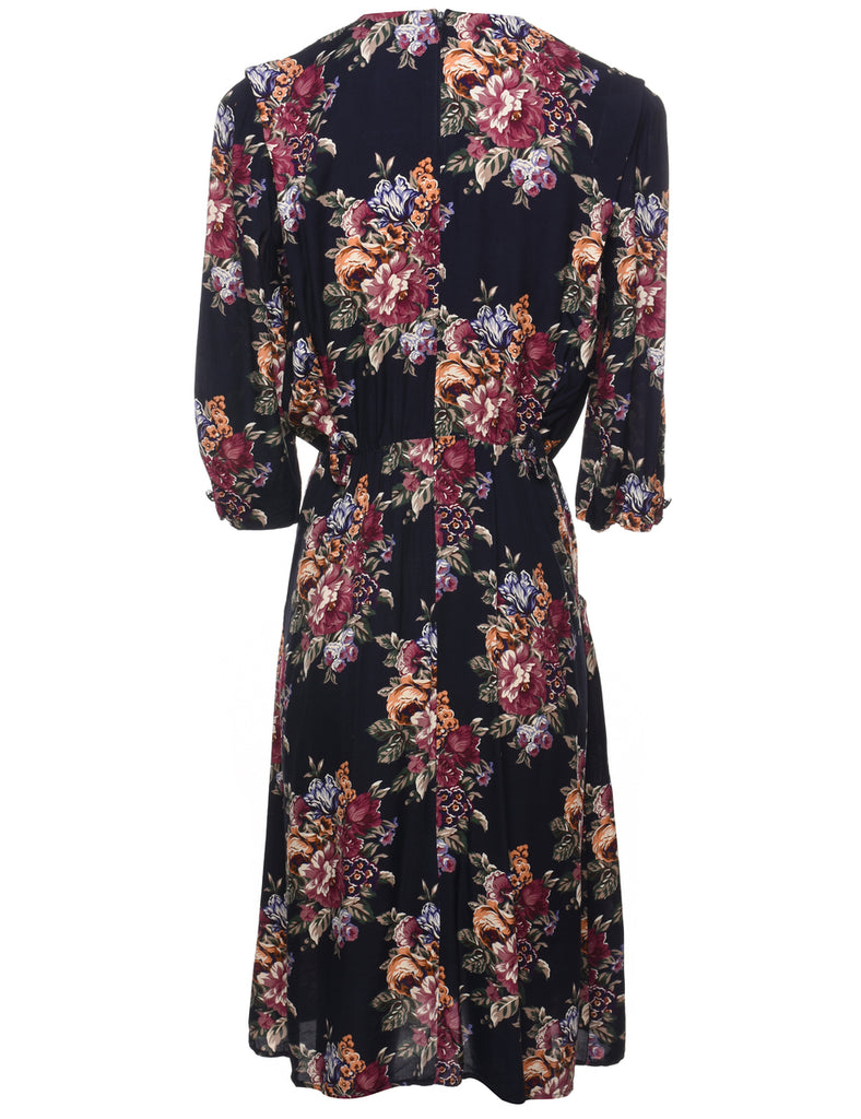 Lace Trim Floral Print Dress - L