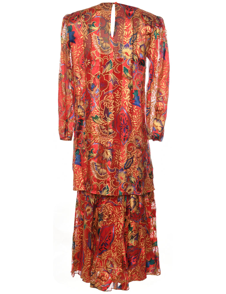 Leafy Print 1980s Multi-Colour Silk Evening Dress - L