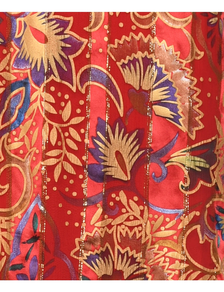 Leafy Print 1980s Multi-Colour Silk Evening Dress - L
