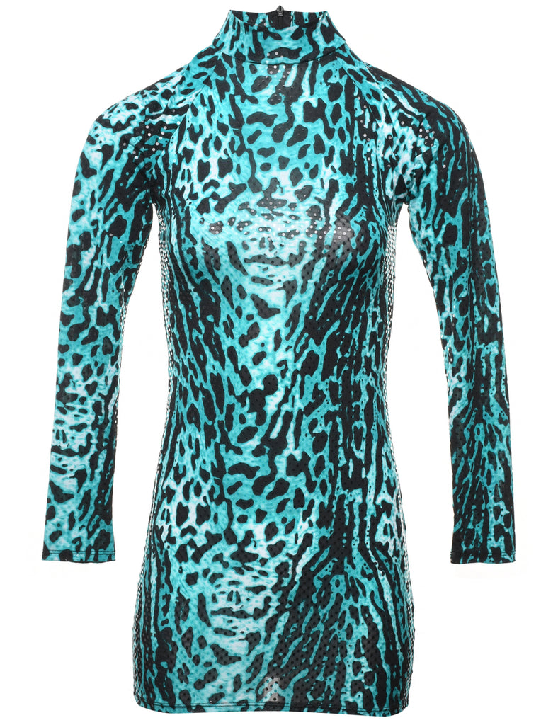 Leopard Print Black & Turquoise Bodycon Dress - XS