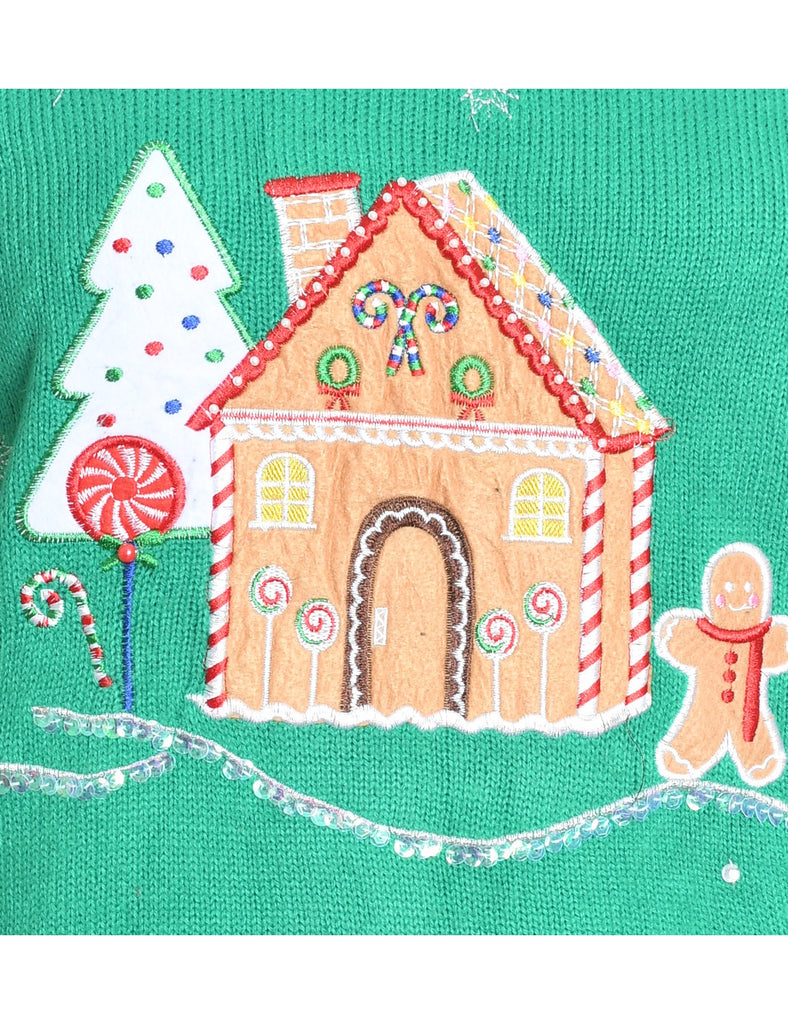 Light Green Knit Gingerbread Design Christmas Jumper - M