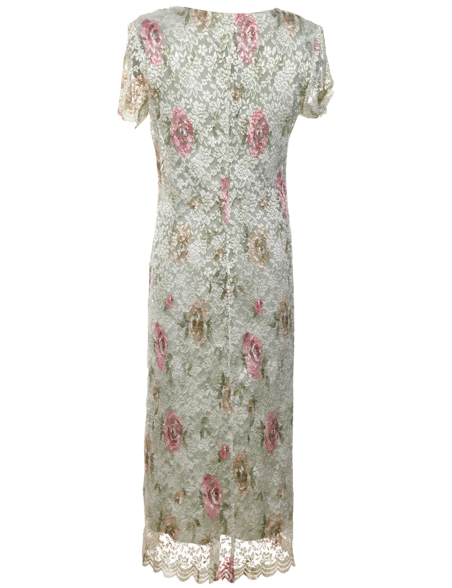 Women's Light Green & Pale Pink Pastel Floral Lace Evening Dress Green, M | Beyond Retro Women's Light Green & Pale Pink Pastel Floral Lace Evening Dress Green, M | Beyond Retro
