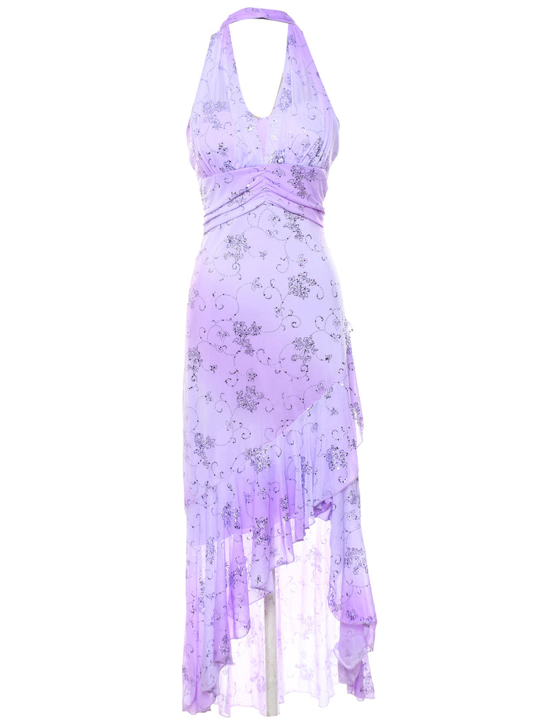 Lilac & Black Patterned Y2K Asymmetric Hem Evening Dress - S