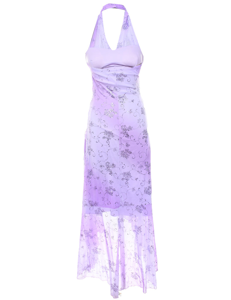 Lilac & Black Patterned Y2K Asymmetric Hem Evening Dress - S