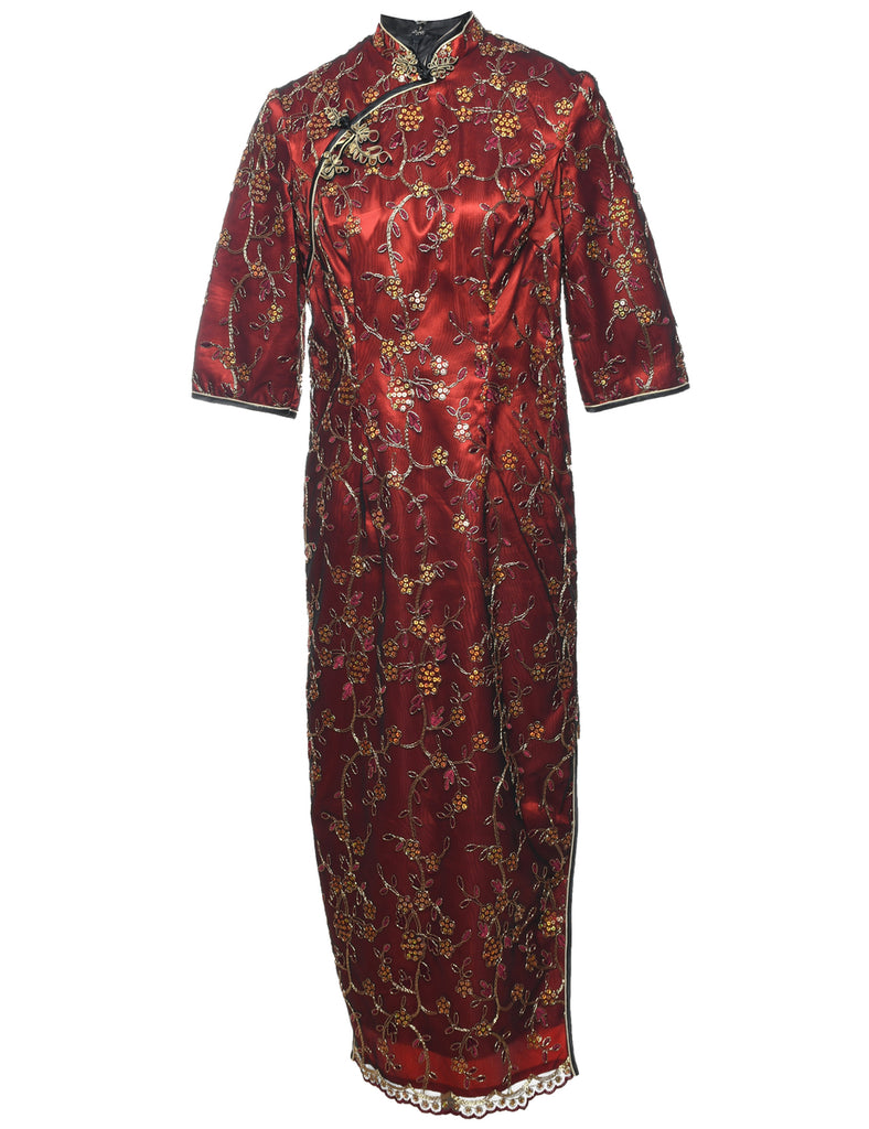 Lurex Thread Pattern Maroon Floral Evening Dress - M