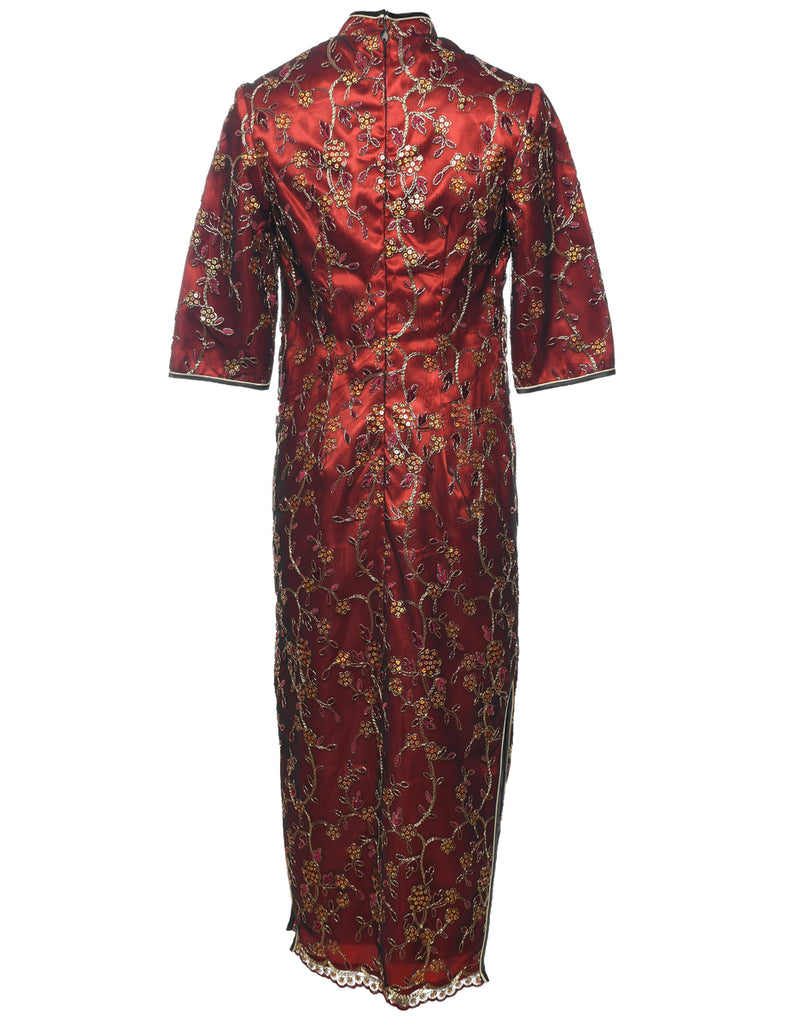 Lurex Thread Pattern Maroon Floral Evening Dress - M