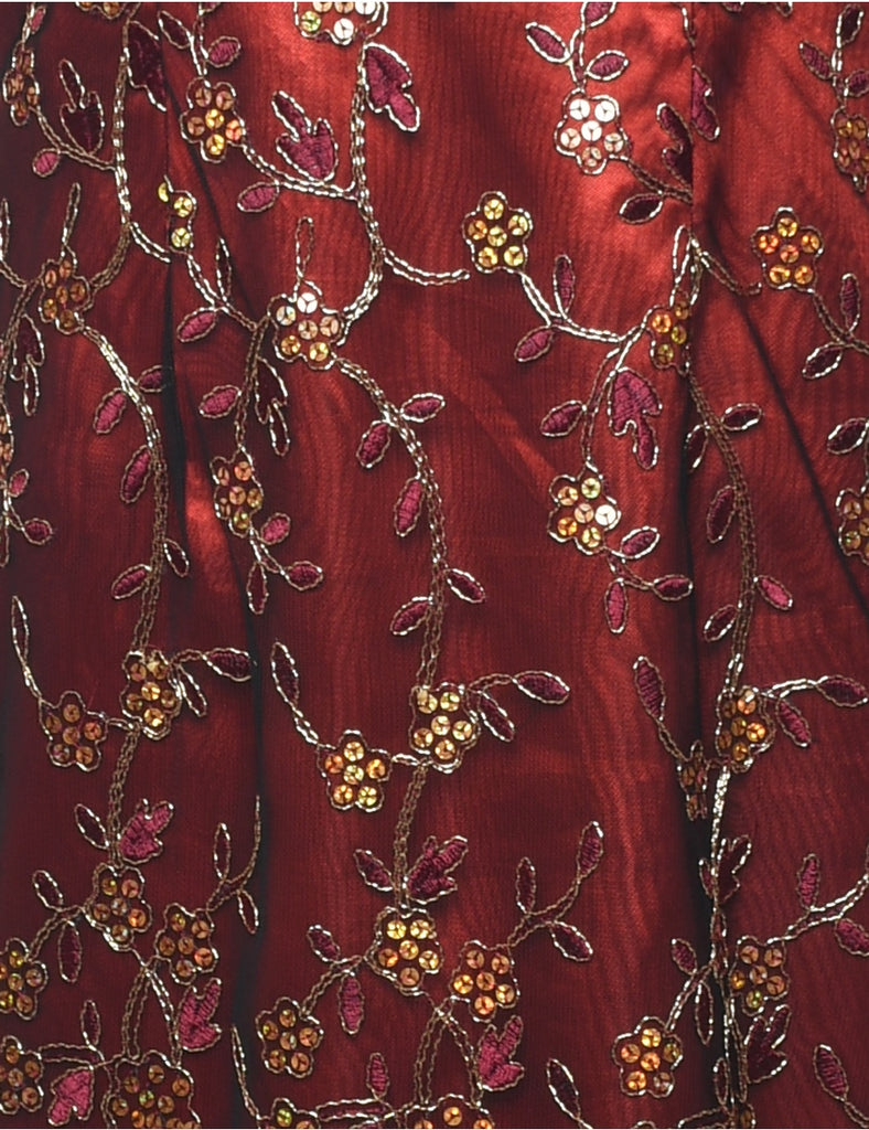 Lurex Thread Pattern Maroon Floral Evening Dress - M