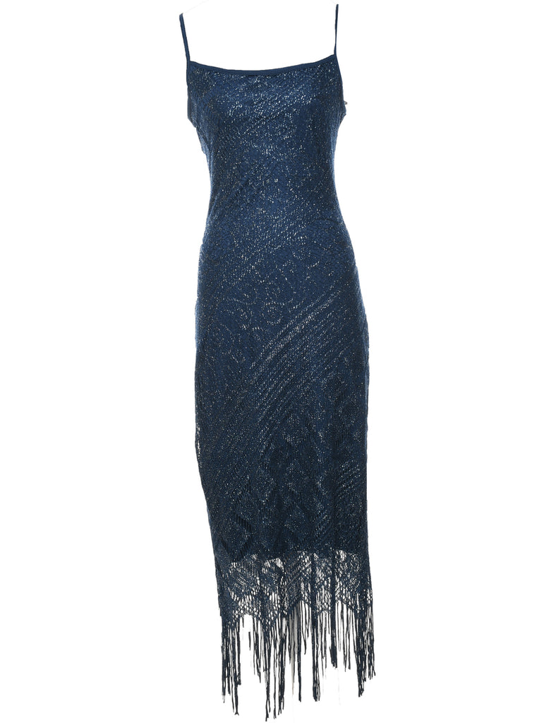 Lurex Thread Pattern Navy & Silver Strappy 1990s Evening Dress - S