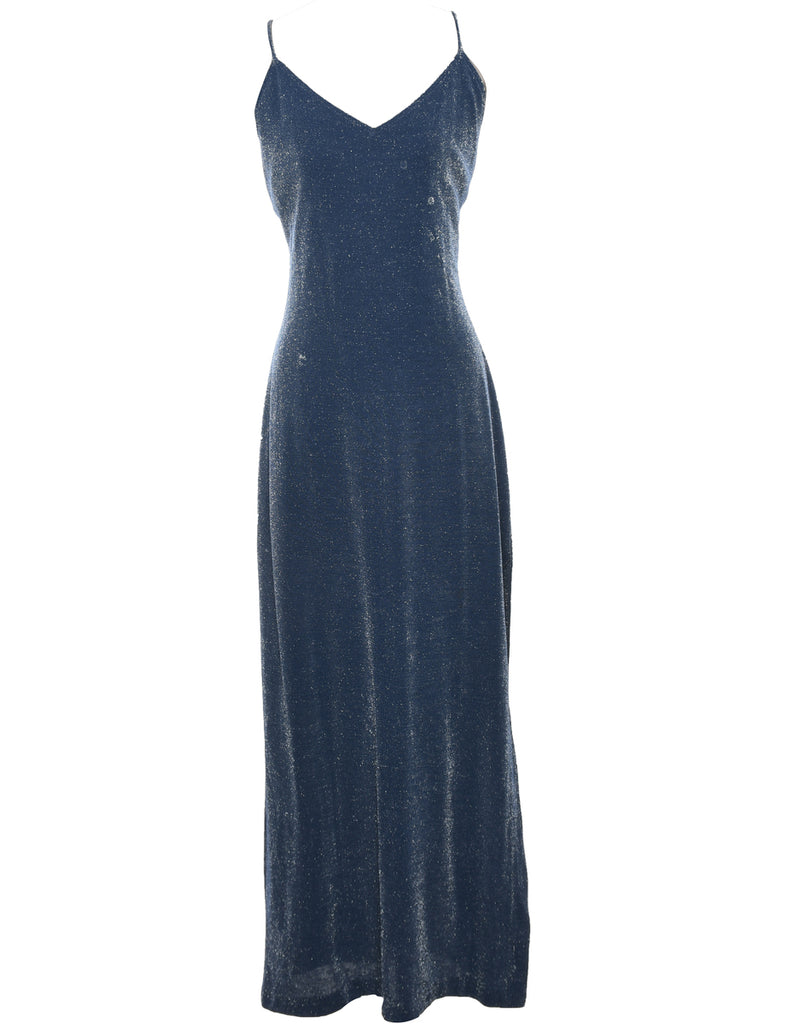 Lurex Thread Pattern Navy Sparkly Backless Evening Dress - M