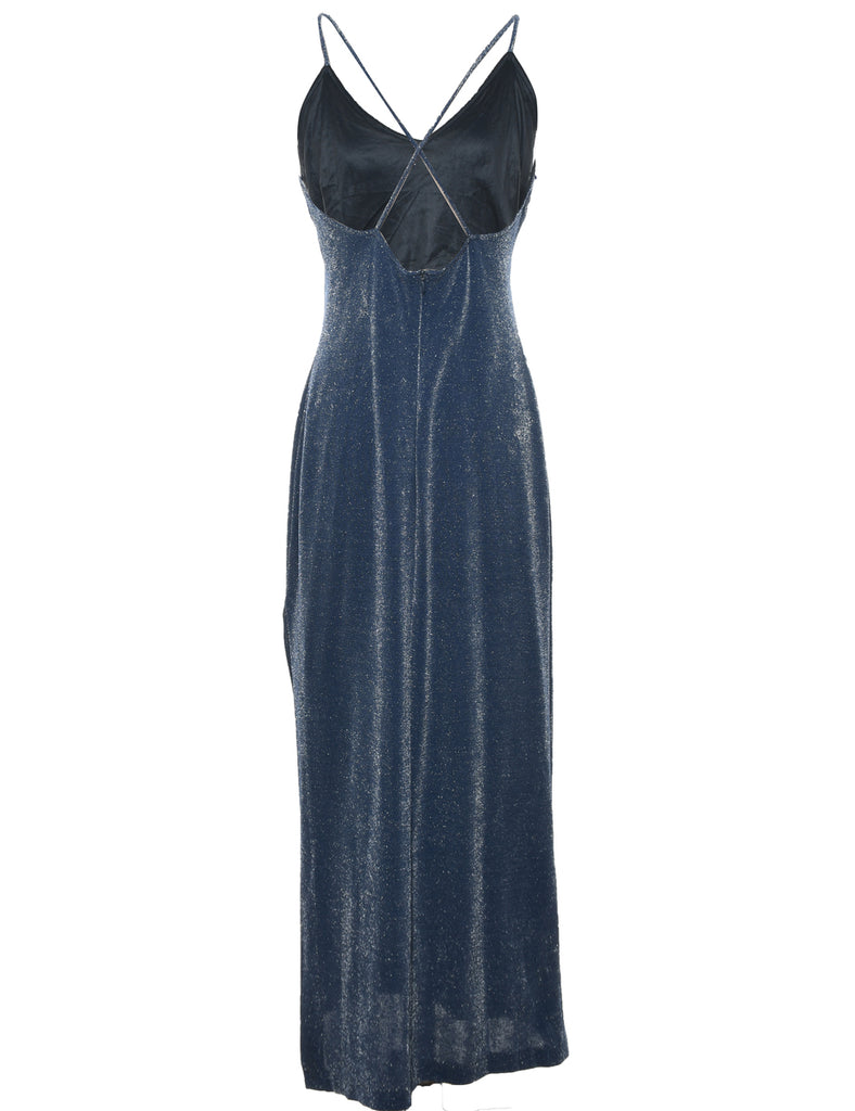 Lurex Thread Pattern Navy Sparkly Backless Evening Dress - M