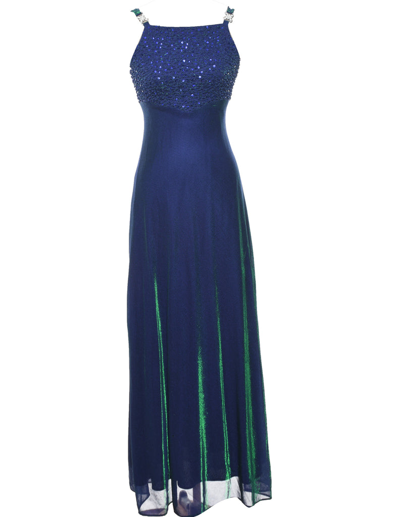 Lurex Thread Pattern Navy Sparkly Evening Dress - XS