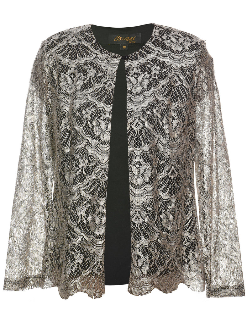 Lurex Thread Pattern Silver Lace Evening Jacket - M