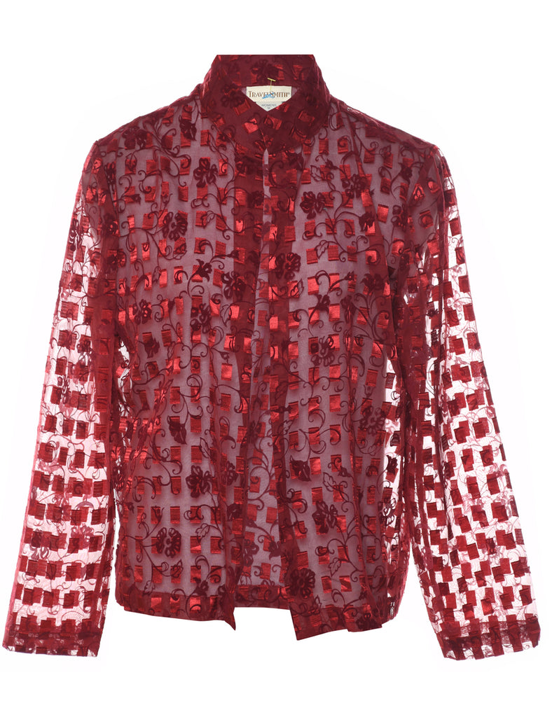 Maroon Sheer & Checked Floral Patterned Party Blouse - L