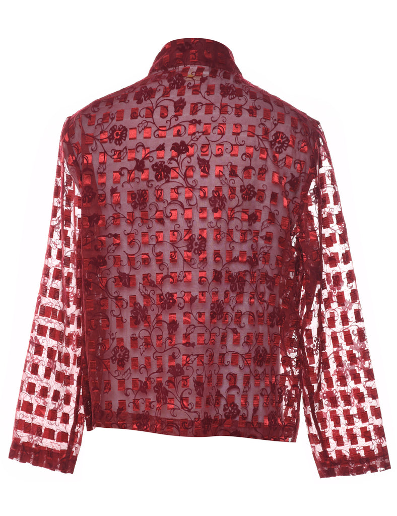 Maroon Sheer & Checked Floral Patterned Party Blouse - L