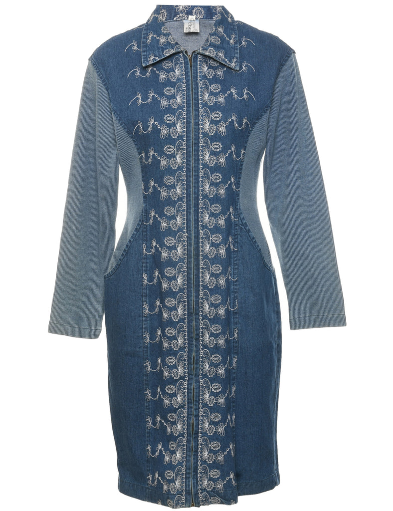 Medium Wash Embroidered Denim Dress - S