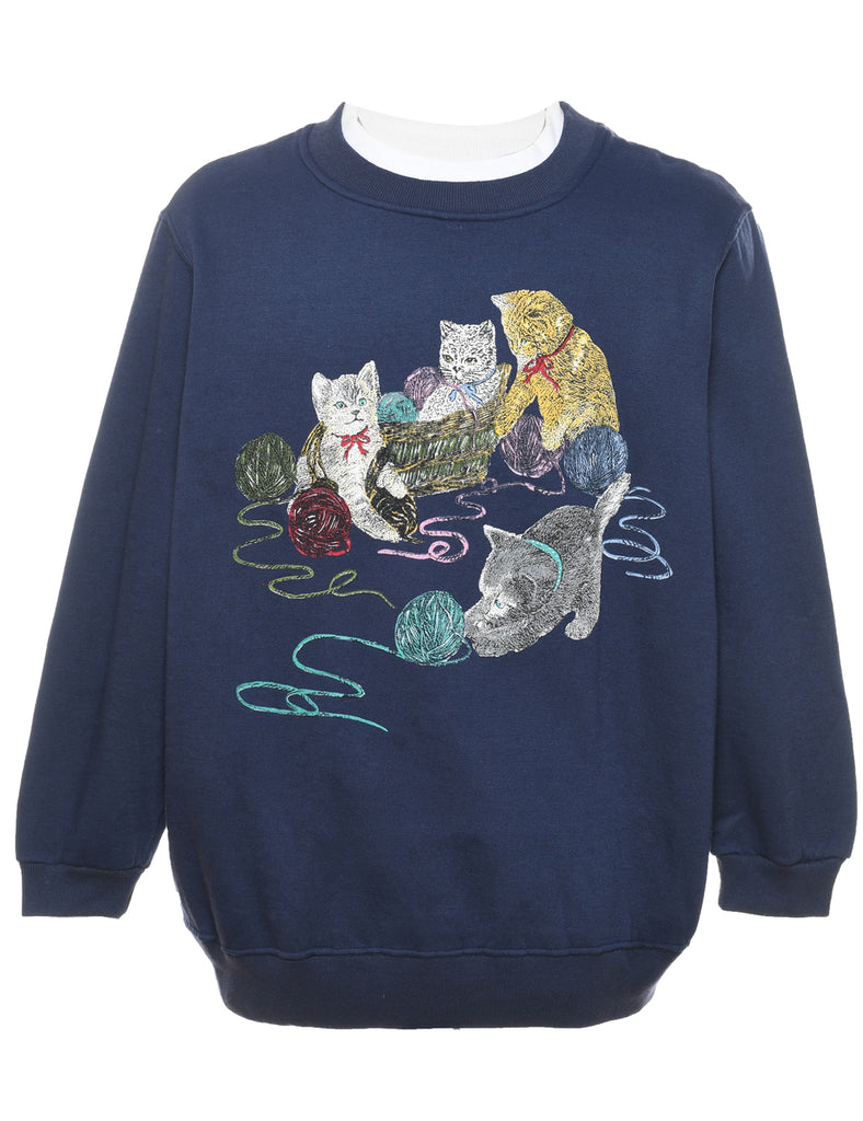 Navy Cat Design 1990s Sweatshirt - XXL