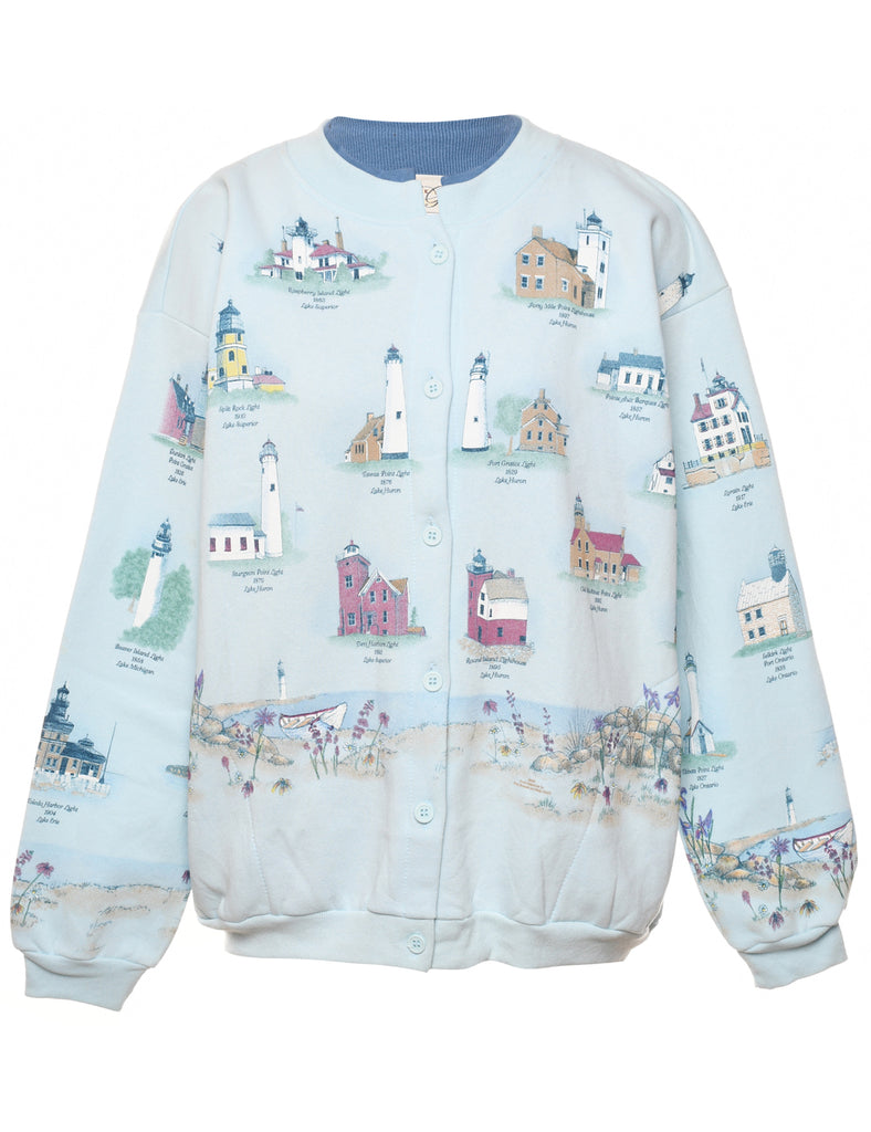 Novelty Design Light Blue Button-Front Cardigan - L