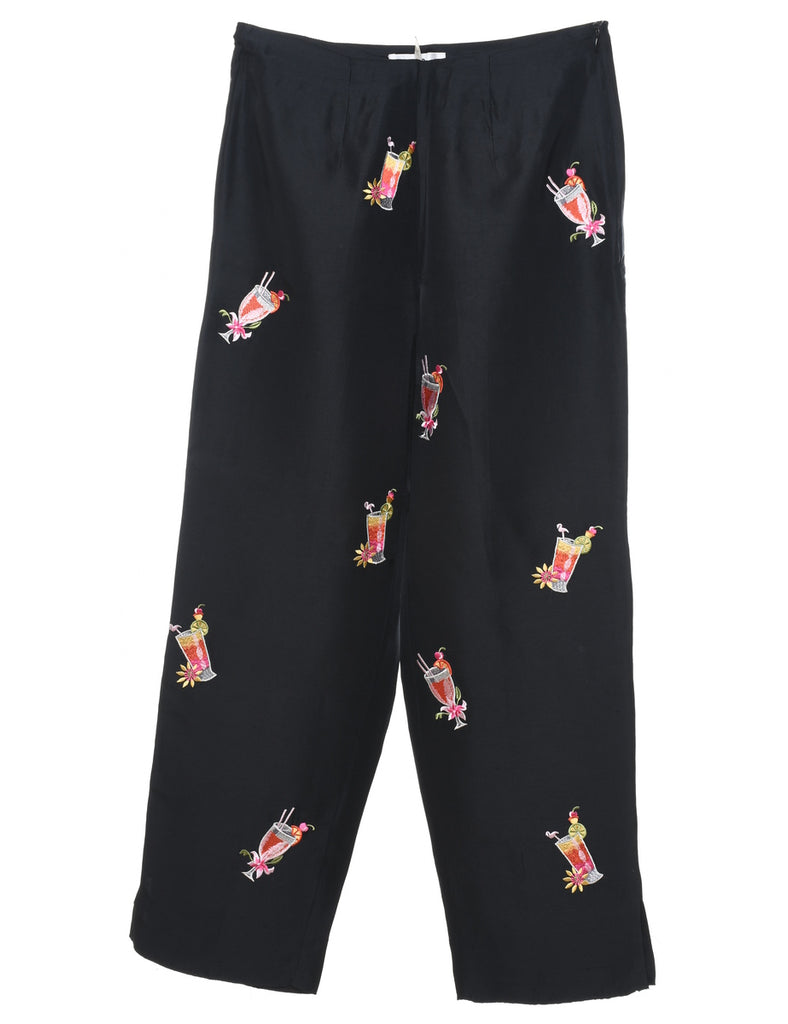 Novelty Print Embroidered Silk Trousers - W28 L27