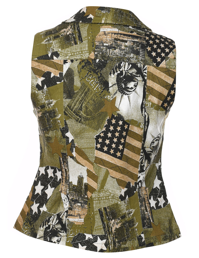 Olive Green & Black Y2K Printed Waistcoat - S