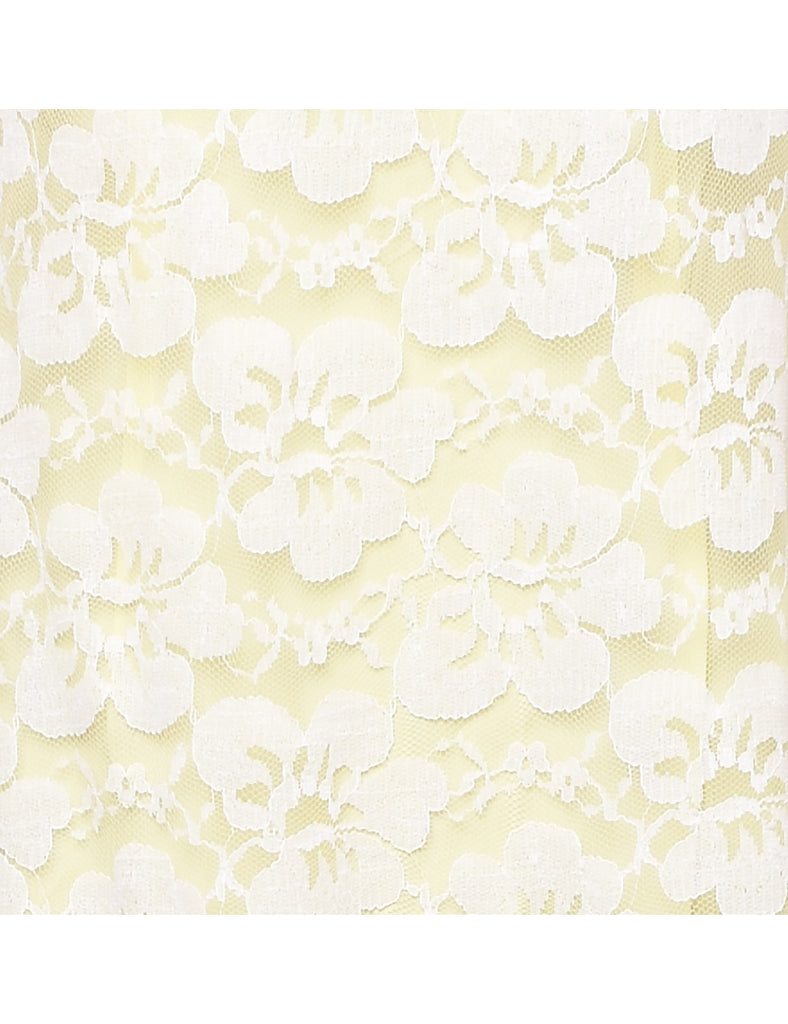Pale Yellow & White Vintage Lace 1970s Maxi Dress - M