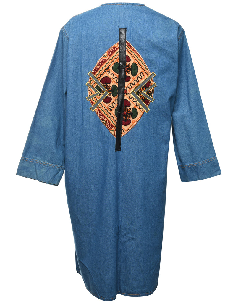 Patchwork Applique Extra Long Denim Jacket - XL