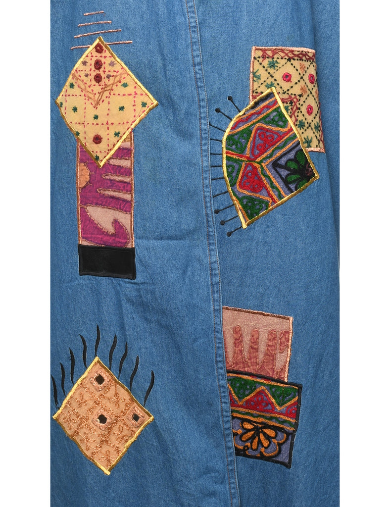 Patchwork Applique Extra Long Denim Jacket - XL