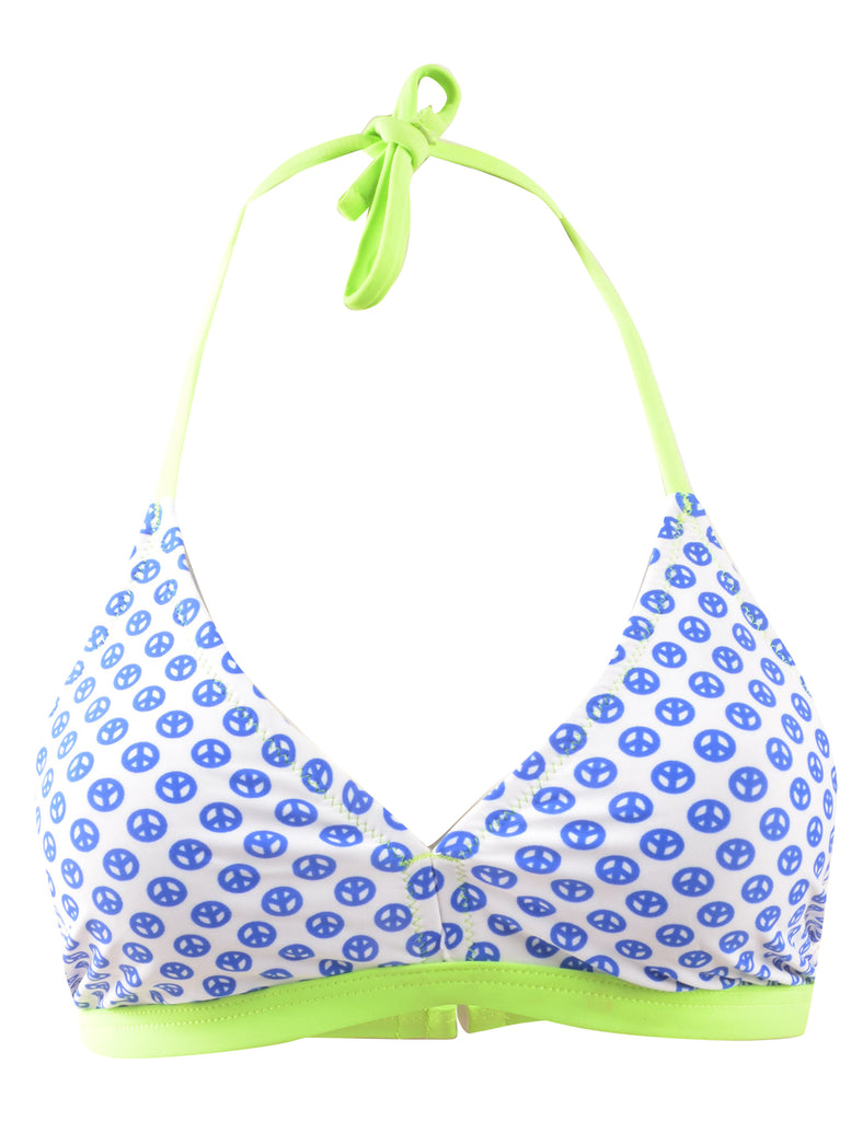 Patterned Blue, White & Lime Green Strappy Bikini Top - S