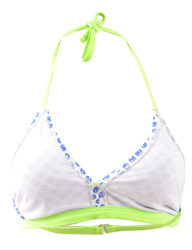 Patterned Blue, White & Lime Green Strappy Bikini Top - S