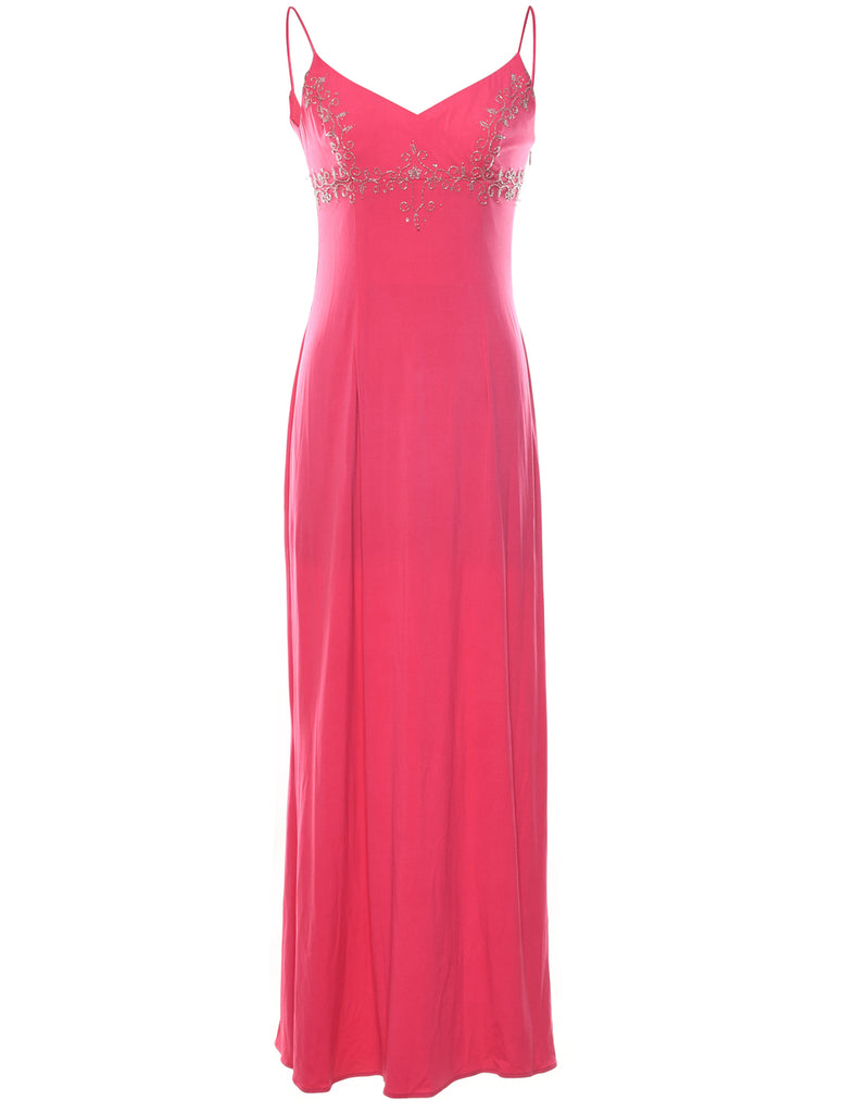 Pink & Silver Embroidered Strappy Evening Dress - L