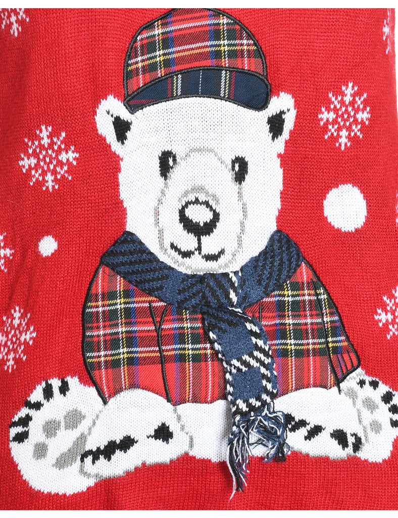 Polar Bear Design Red Appliqued Christmas Jumper - M
