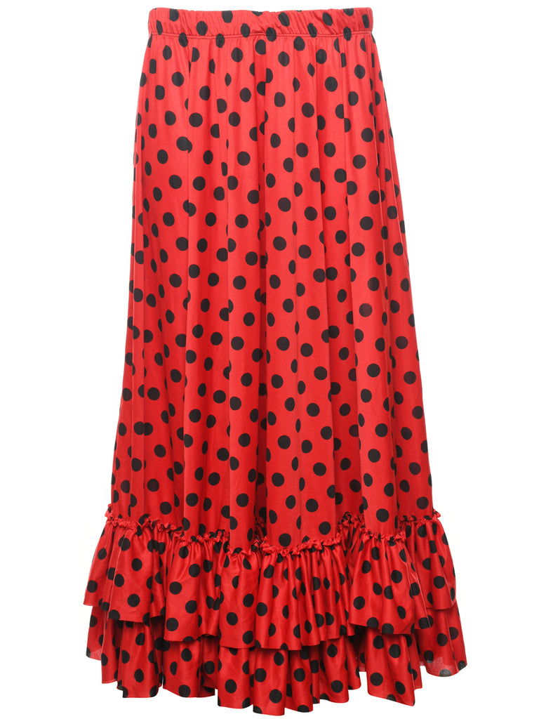 Polka Dot Print Red & Black Frilled Hem Maxi Skirt - M