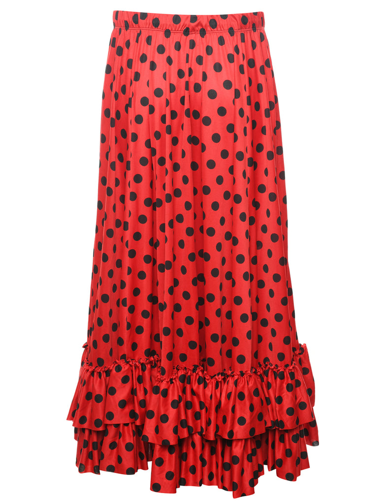 Polka Dot Print Red & Black Frilled Hem Maxi Skirt - M