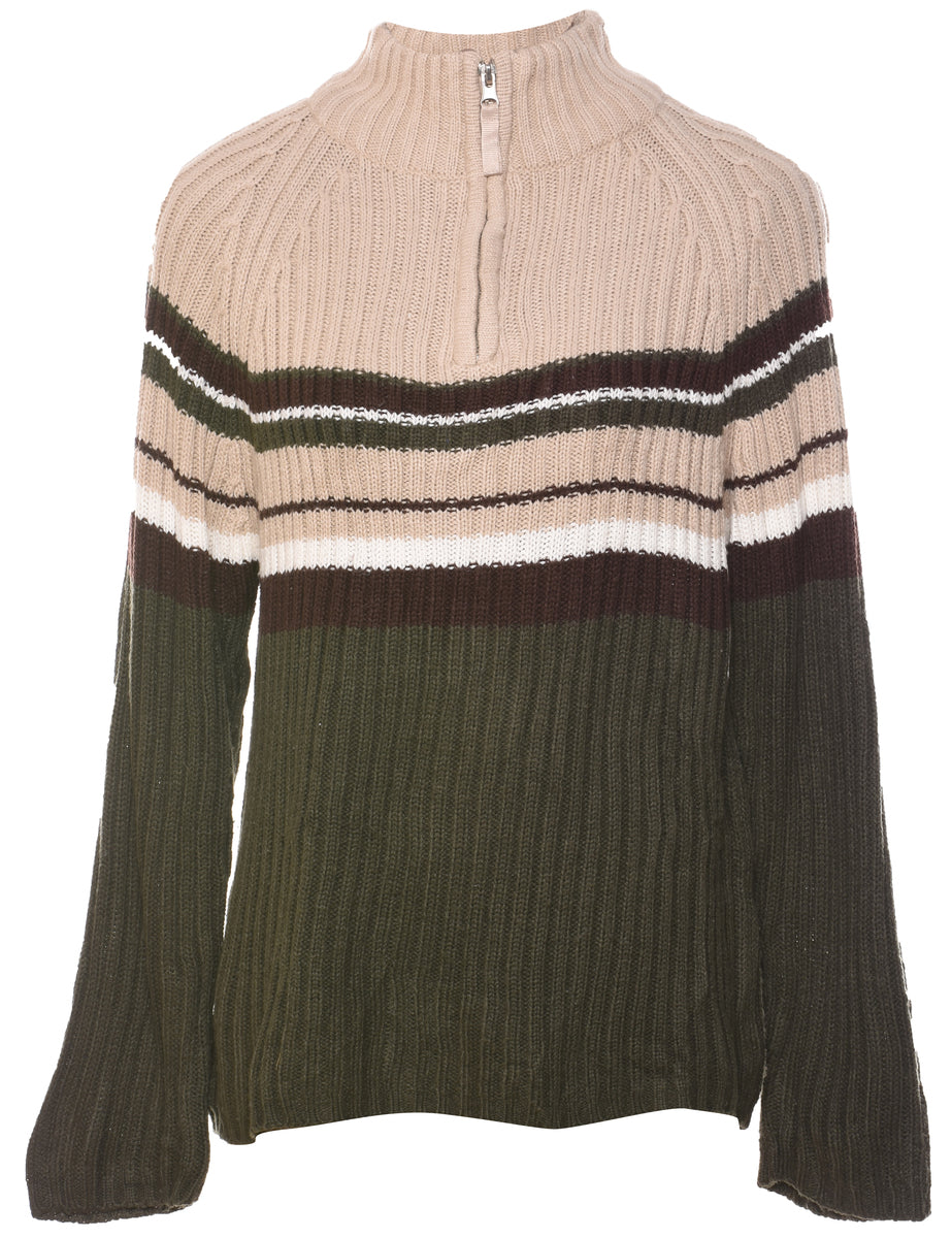 Women s Quarter Zip High Neck Jumper Multi coloured L Beyond Retro