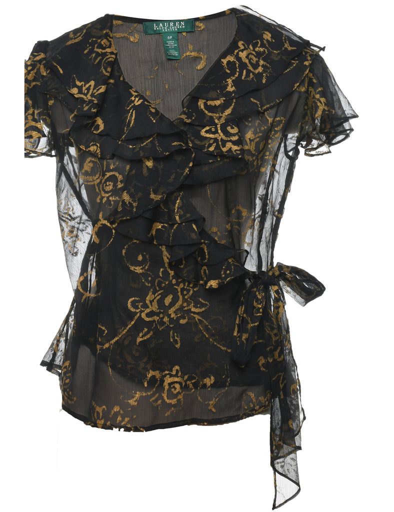 Ralph Lauren Floral Pattern Black & Gold Sheer Frilled Blouse - M