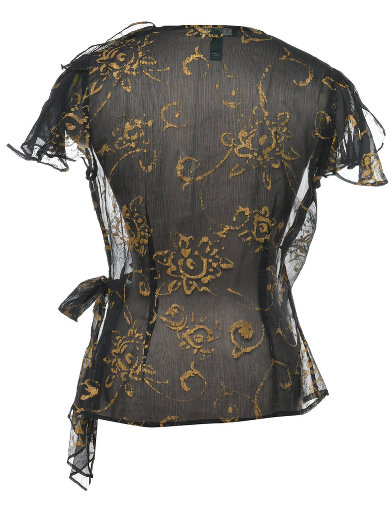 Ralph Lauren Floral Pattern Black & Gold Sheer Frilled Blouse - M