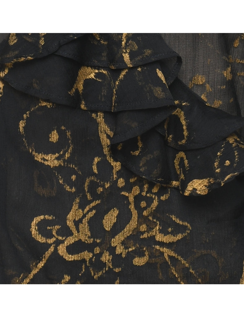 Ralph Lauren Floral Pattern Black & Gold Sheer Frilled Blouse - M