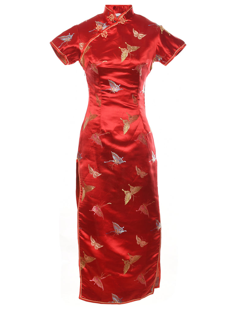 Red Brocade Design Cheongsam Collar Evening Dress - S