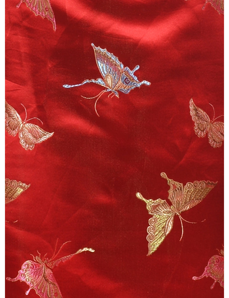 Red Brocade Design Cheongsam Collar Evening Dress - S